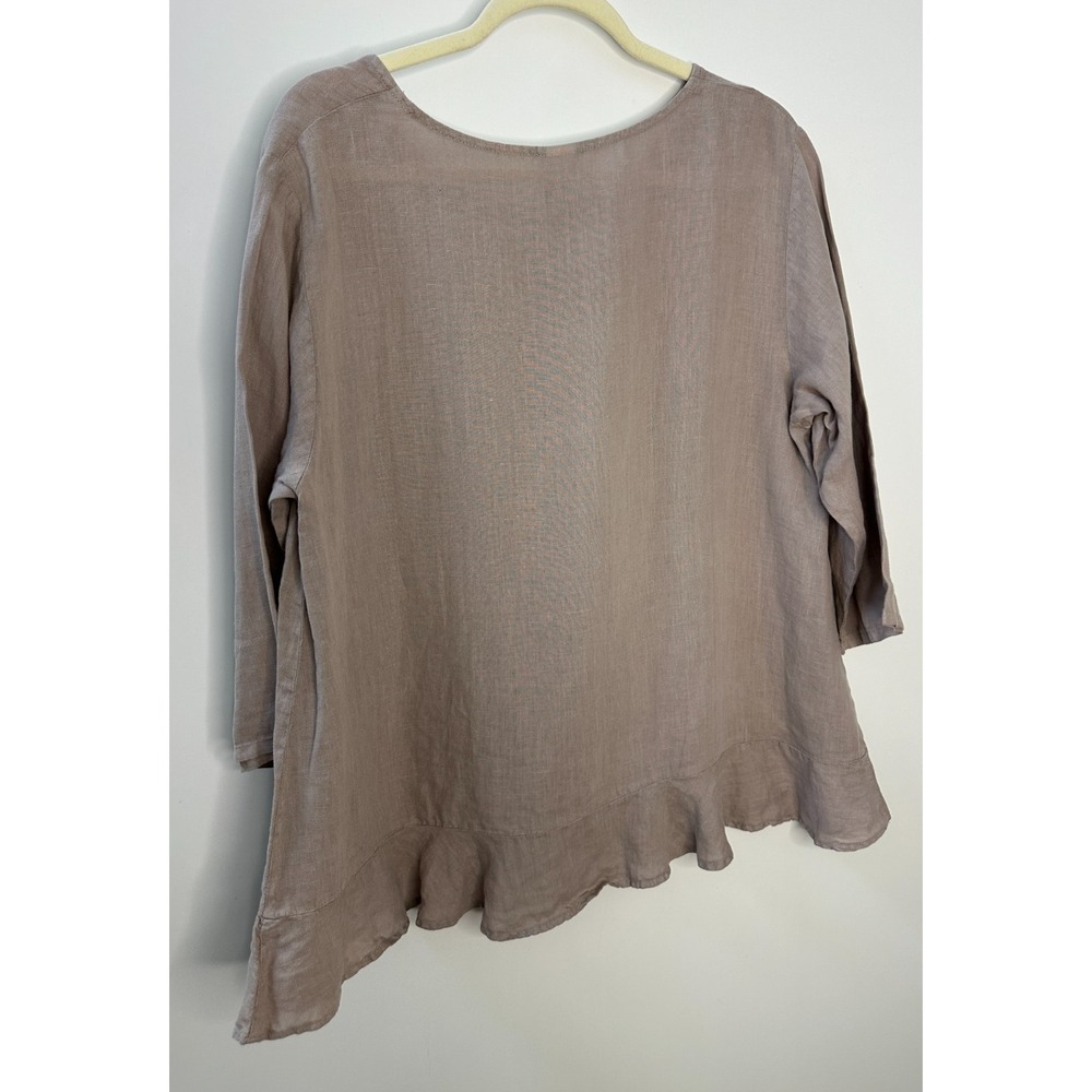 Match Point 100% Linen Ruffle Hem Tunic Top Tan Size Medium USA Made Lagonlook - Picture 9 of 10